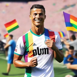 Cristiano Ronaldo showing his support for the LGBT community, wearing a rainbow-colored armband and smiling