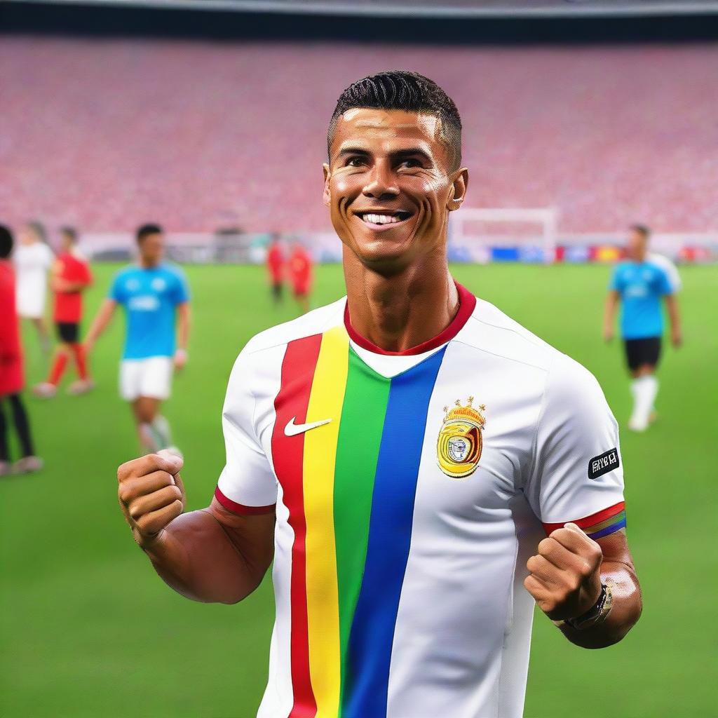 Cristiano Ronaldo showing his support for the LGBT community, wearing a rainbow-colored armband and smiling