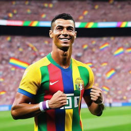 Cristiano Ronaldo showing his support for the LGBT community, wearing a rainbow-colored armband and smiling