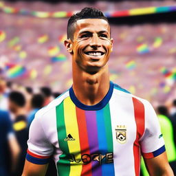 Cristiano Ronaldo showing his support for the LGBT community, wearing a rainbow-colored armband and smiling