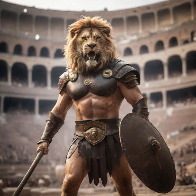 A fierce half-man, half-lion gladiator, armed with a glinting trident and a sturdy shield, standing triumphantly in a grand Roman Colosseum, as the crowd roars in awe.