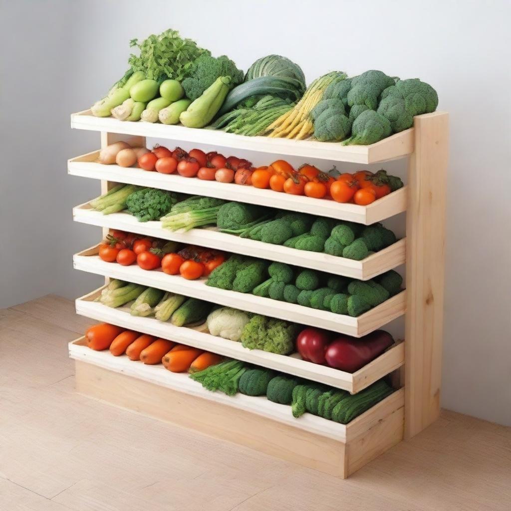 Create a design for a vegetable display case with 6 shelves, each separated by 33 cm