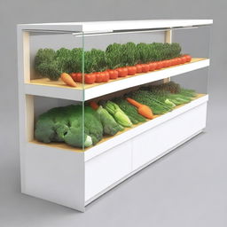 Create a design for a vegetable display case with 6 shelves, each separated by 33 cm