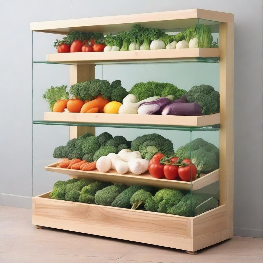 Create a design for a vegetable display case with 6 shelves, each separated by 33 cm