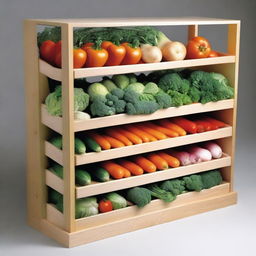 Create a design for a vegetable display case with 6 shelves, each separated by 33 cm