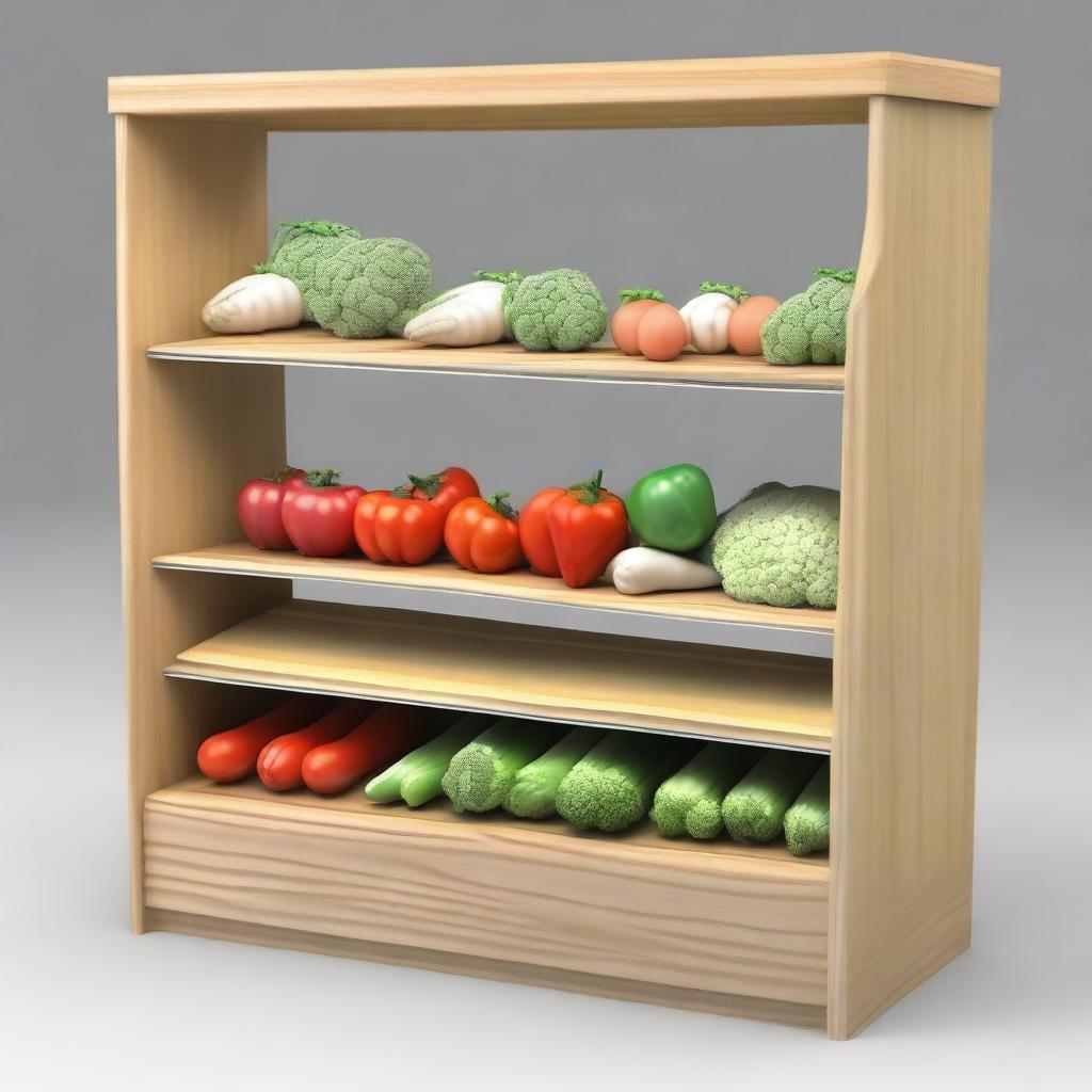 Create a 3D design for a vegetable display case with 6 shelves, each separated by 33 cm