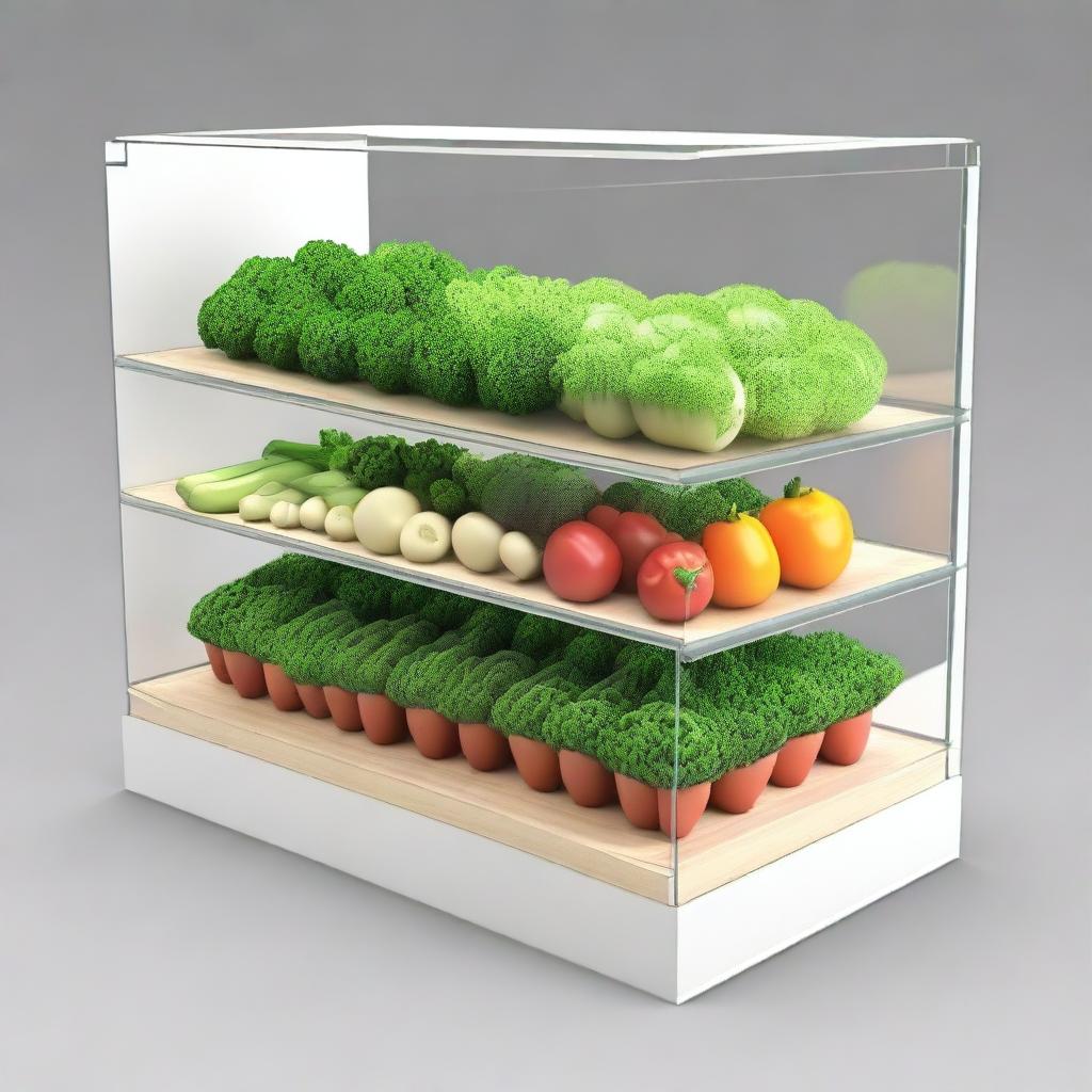 Create a 3D design for a vegetable display case with 6 shelves, each separated by 33 cm