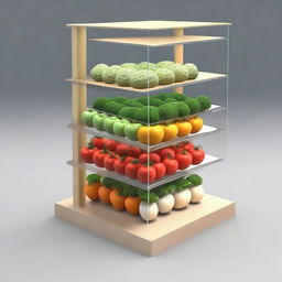 Create a 3D design for a vegetable display case with 6 shelves, each separated by 33 cm