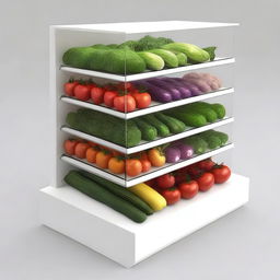 Create a 3D design for a vegetable display case with 6 shelves, each separated by 33 cm