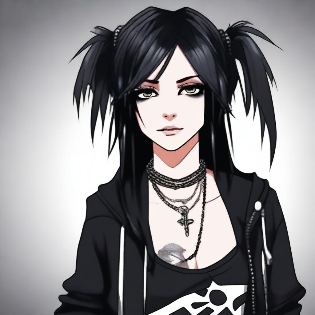 A stylish and attractive emo goth girl with dark makeup, piercings, and edgy clothing