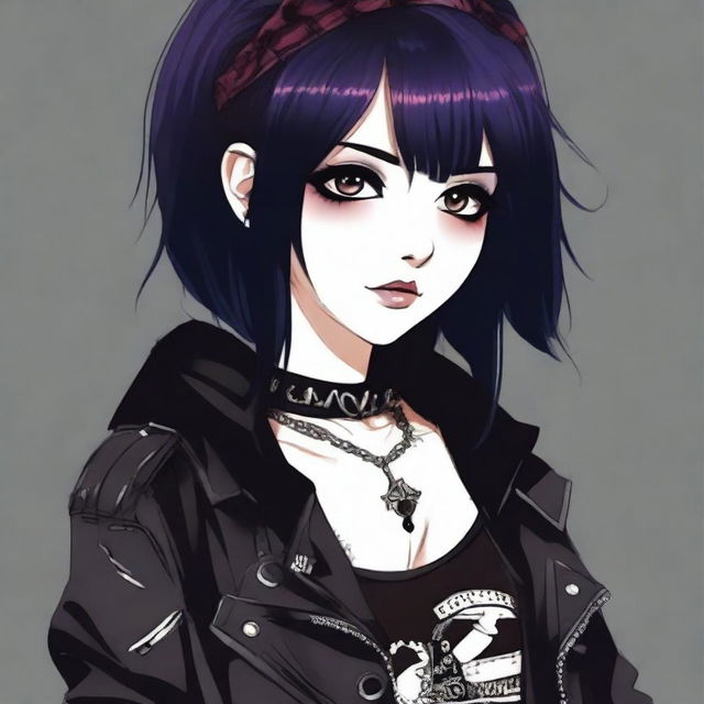 A stylish and attractive emo goth girl with dark makeup, piercings, and edgy clothing