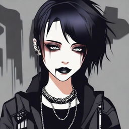 A stylish and attractive emo goth girl with dark makeup, piercings, and edgy clothing