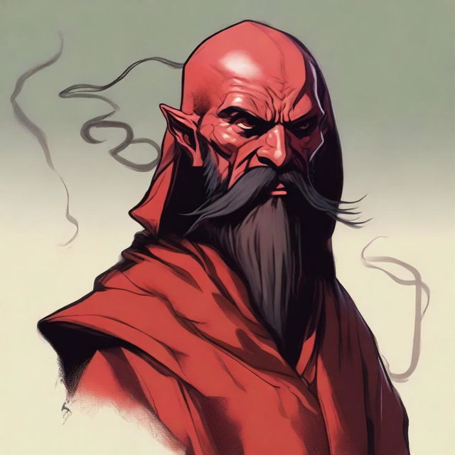 A detailed portrait of a Dungeons & Dragons Way of Shadows Monk with the appearance of a red barbed devil