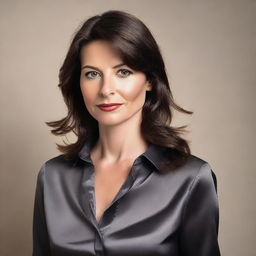 A brunette British woman wearing a dark grey satin shirt