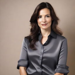 A brunette British woman wearing a dark grey satin shirt