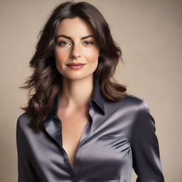 A brunette 25-year-old British woman wearing a dark grey satin shirt, unbuttoned to show the lace trim of her top underneath