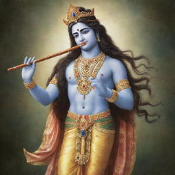 An image of Lord Krishna with long, flowing hair, standing in his splendid divine attire with a flute in his hand.