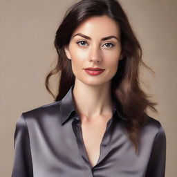 A brunette 25-year-old British woman wearing a dark grey satin shirt, unbuttoned to show the lace trim of her top underneath