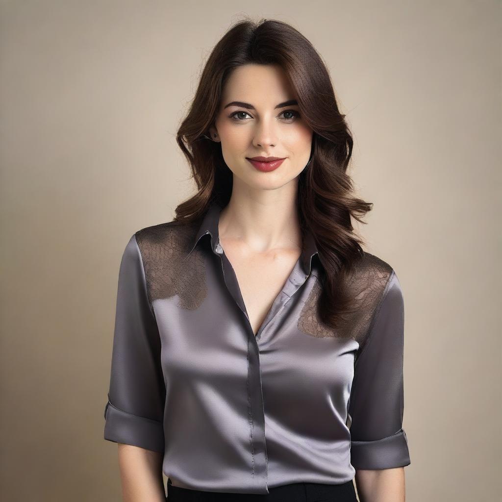 A brunette 25-year-old British woman wearing a dark grey satin shirt, unbuttoned to show the lace trim of her top underneath