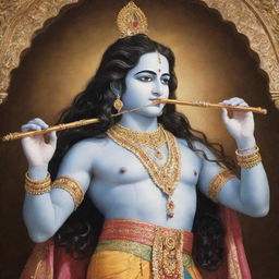 An image of Lord Krishna with long, flowing hair, standing in his splendid divine attire with a flute in his hand.