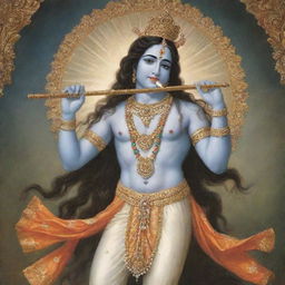 An image of Lord Krishna with long, flowing hair, standing in his splendid divine attire with a flute in his hand.