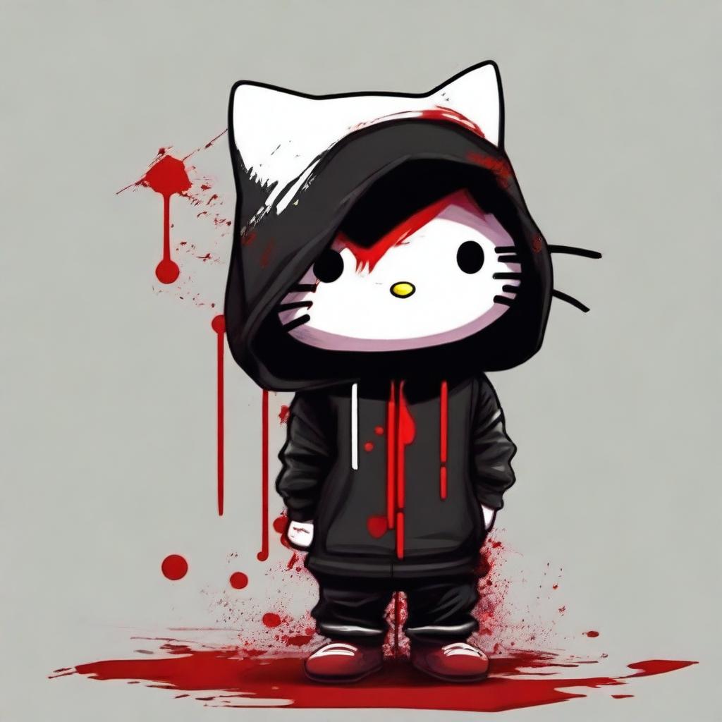 Hello Kitty wearing a black hoodie, with blood on her face