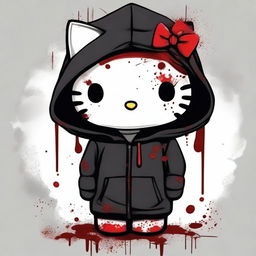 Hello Kitty wearing a black hoodie, with blood on her face