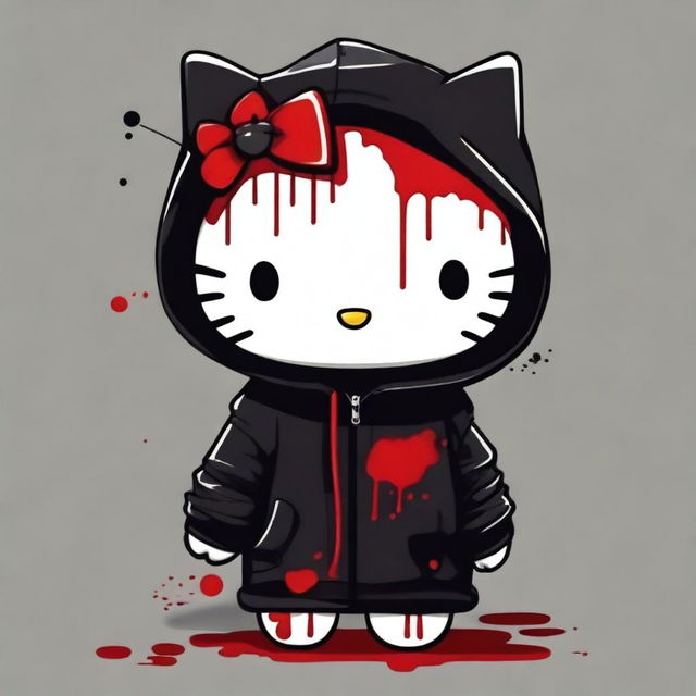 Hello Kitty wearing a black hoodie, with blood on her face