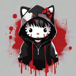 Hello Kitty wearing a black hoodie, with blood on her face