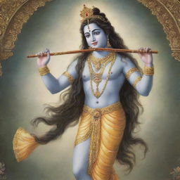 An image of Lord Krishna with long, flowing hair, standing in his splendid divine attire with a flute in his hand.