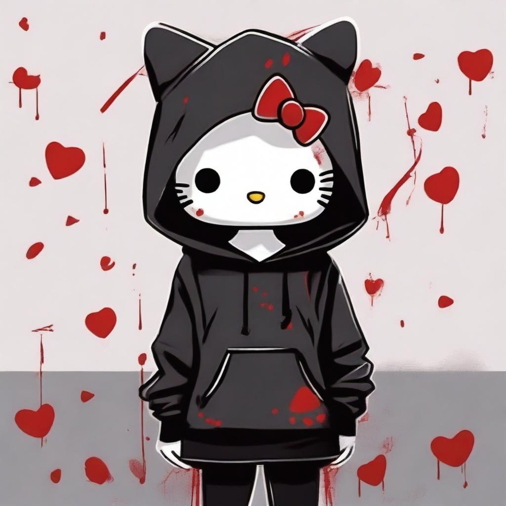 Hello Kitty character wearing a black hoodie, with a small bloody number 4 on her forehead