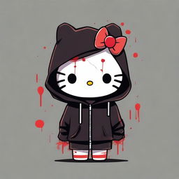 Hello Kitty character wearing a black hoodie, with a small bloody number 4 on her forehead