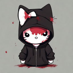 Hello Kitty character wearing a black hoodie, with a small bloody number 4 on her forehead