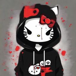 Hello Kitty character wearing a black hoodie, with a small bloody number 4 on her forehead