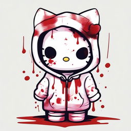 A Hello Kitty character wearing a white hoodie that is stained with blood