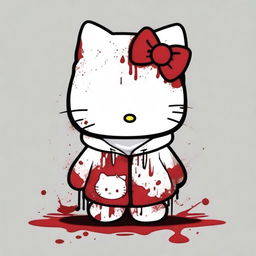 A Hello Kitty character wearing a white hoodie that is stained with blood