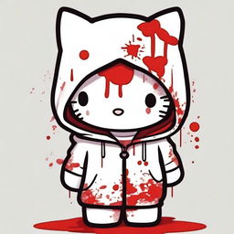 A Hello Kitty character wearing a white hoodie that is stained with blood