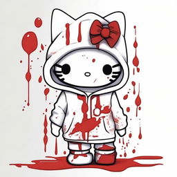 A Hello Kitty character wearing a white hoodie that is stained with blood