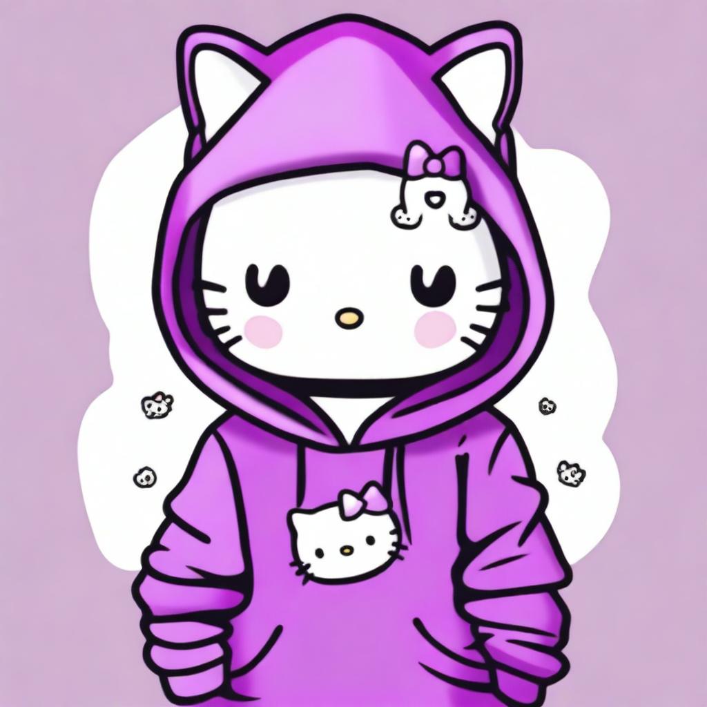 A Hello Kitty character wearing a purple hoodie and having a small cross tattoo on its left cheek