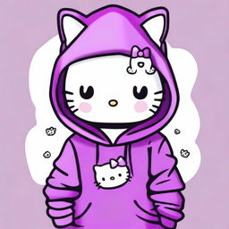 A Hello Kitty character wearing a purple hoodie and having a small cross tattoo on its left cheek