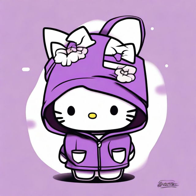 A Hello Kitty character wearing a purple hoodie and having a small cross tattoo on its left cheek