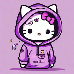 A Hello Kitty character wearing a purple hoodie and having a small cross tattoo on its left cheek