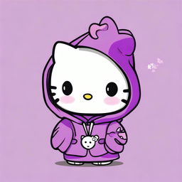 A Hello Kitty character wearing a purple hoodie and having a small cross tattoo on its left cheek