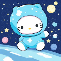 A Hello Kitty character falling down in space, wearing a baby blue hat and a baby blue sweater with a cross on it