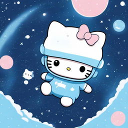 A Hello Kitty character falling down in space, wearing a baby blue hat and a baby blue sweater with a cross on it