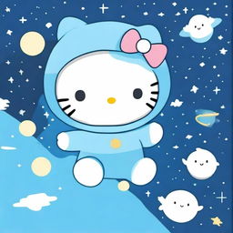 A Hello Kitty character falling down in space, wearing a baby blue hat and a baby blue sweater with a cross on it