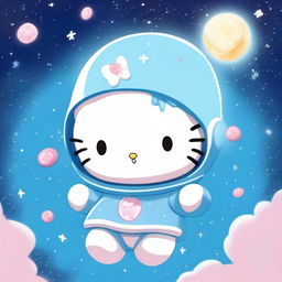 A Hello Kitty character falling down in space, wearing a baby blue hat and a baby blue sweater with a cross on it