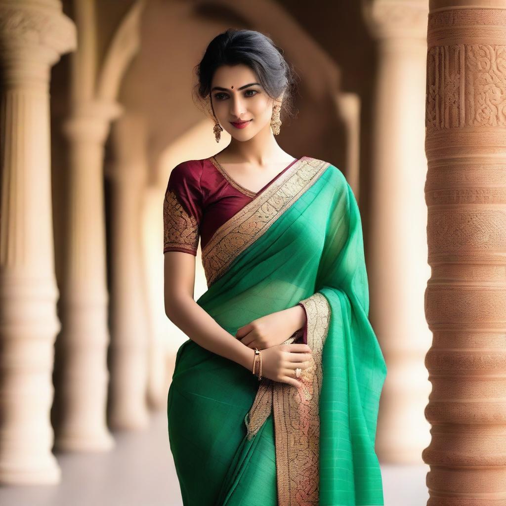 A woman wearing a saree, striking a sexy pose