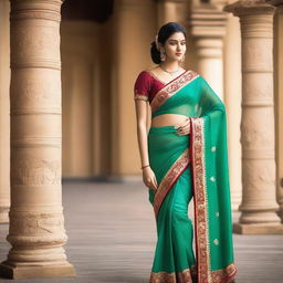 A woman wearing a saree, striking a sexy pose