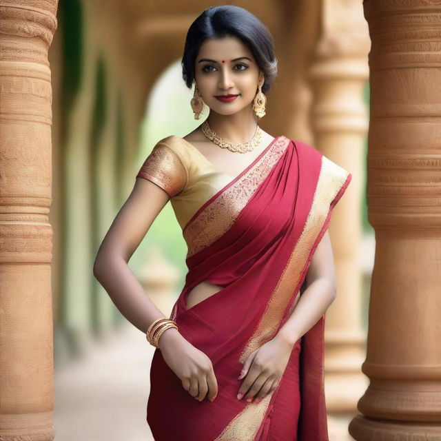 A woman wearing a saree, striking a sexy pose